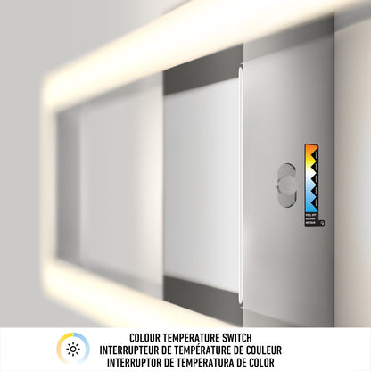 The Artika-CAN-dev Dover modern LED bathroom vanity light 5 CCT features a sleek wall-mounted color temperature switch with a vertical slider and color scale for warm to cool lighting, plus trilingual (EN/FR/ES) labels below.