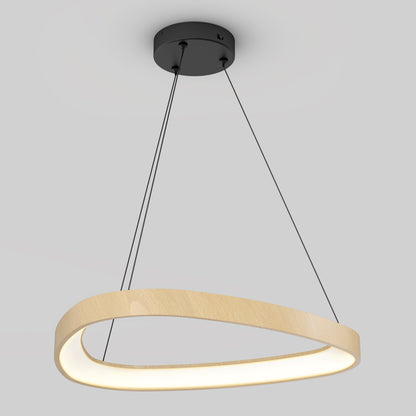 The Artika Bjorn modern LED pendant light 5 CCT features an oval light wood ring frame suspended by two black cables from a round black mount, with illumination emanating from the inner edge of the ring.