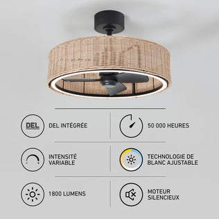 Artika Kalani 24″ modern LED fandelier with remote, quiet motor, 1800 lumens; rattan-style cover shown with icons.