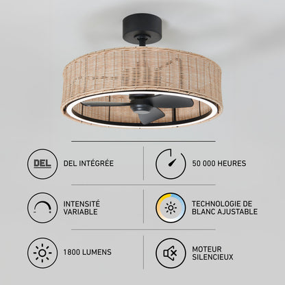 Artika Kalani 24″ modern LED fandelier with remote, quiet motor, 1800 lumens; rattan-style cover shown with icons.