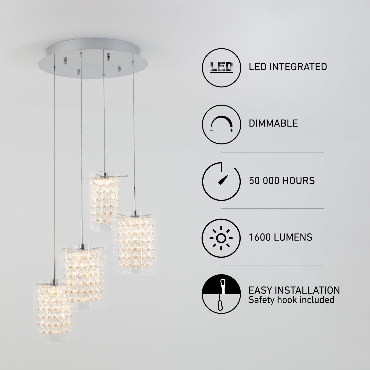 The Artika Crystal Cube 4-light LED pendant features crystal-like shades on a round mount, is dimmable, delivers 1600 lumens, lasts 50,000 hours, and offers easy installation with a safety hook included.