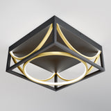 A modern ceiling light fixture with a black square frame, gold curved accents, and a circular white LED light, mounted on a white ceiling. The design is geometric and contemporary.