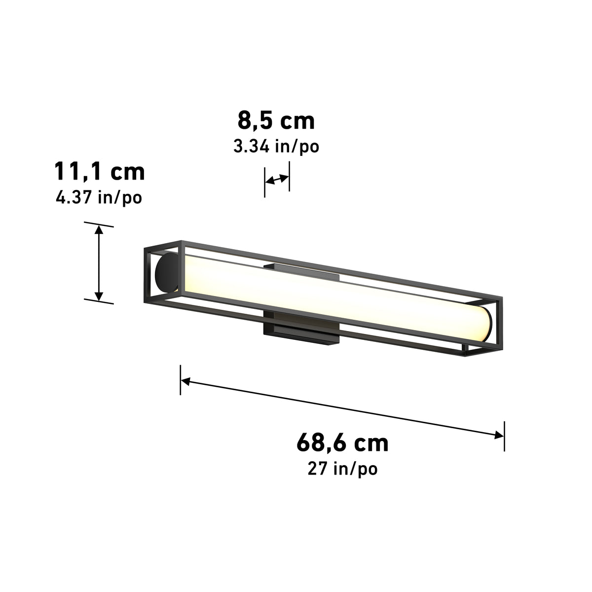 Rectangular wall-mounted light fixture with a tubular bulb encased in a metal frame. Dimensions are 68.6 cm (27 in) wide, 8.5 cm (3.34 in) deep, and 11.1 cm (4.37 in) high, with measurements labeled.
