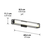 Rectangular wall-mounted light fixture with a tubular bulb encased in a metal frame. Dimensions are 68.6 cm (27 in) wide, 8.5 cm (3.34 in) deep, and 11.1 cm (4.37 in) high, with measurements labeled.