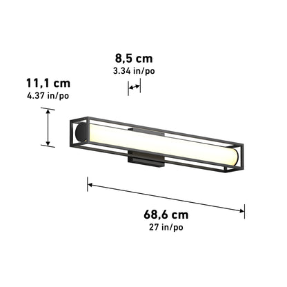 The Artika Venicia LED Wall Sconce features a black rectangular frame and emits a soft glow. Dimensions: 68.6 cm (27 in) wide, 11.1 cm (4.37 in) tall, and 8.5 cm (3.34 in) deep. Wall-mounted design.