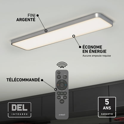 Europa 48 in. x 12 in. Modern Flush Mount Ceiling Light, a rectangular LED with a remote control, energy efficiency label, and five-year warranty.