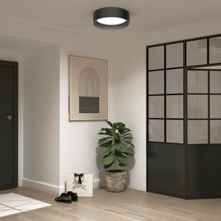 A modern entryway with light wood floors, a potted plant, framed abstract art, black-framed glass panels, a black door, and an Artika Alton LED flush mount ceiling light. Black shoes sit beside a shopping bag on the floor.