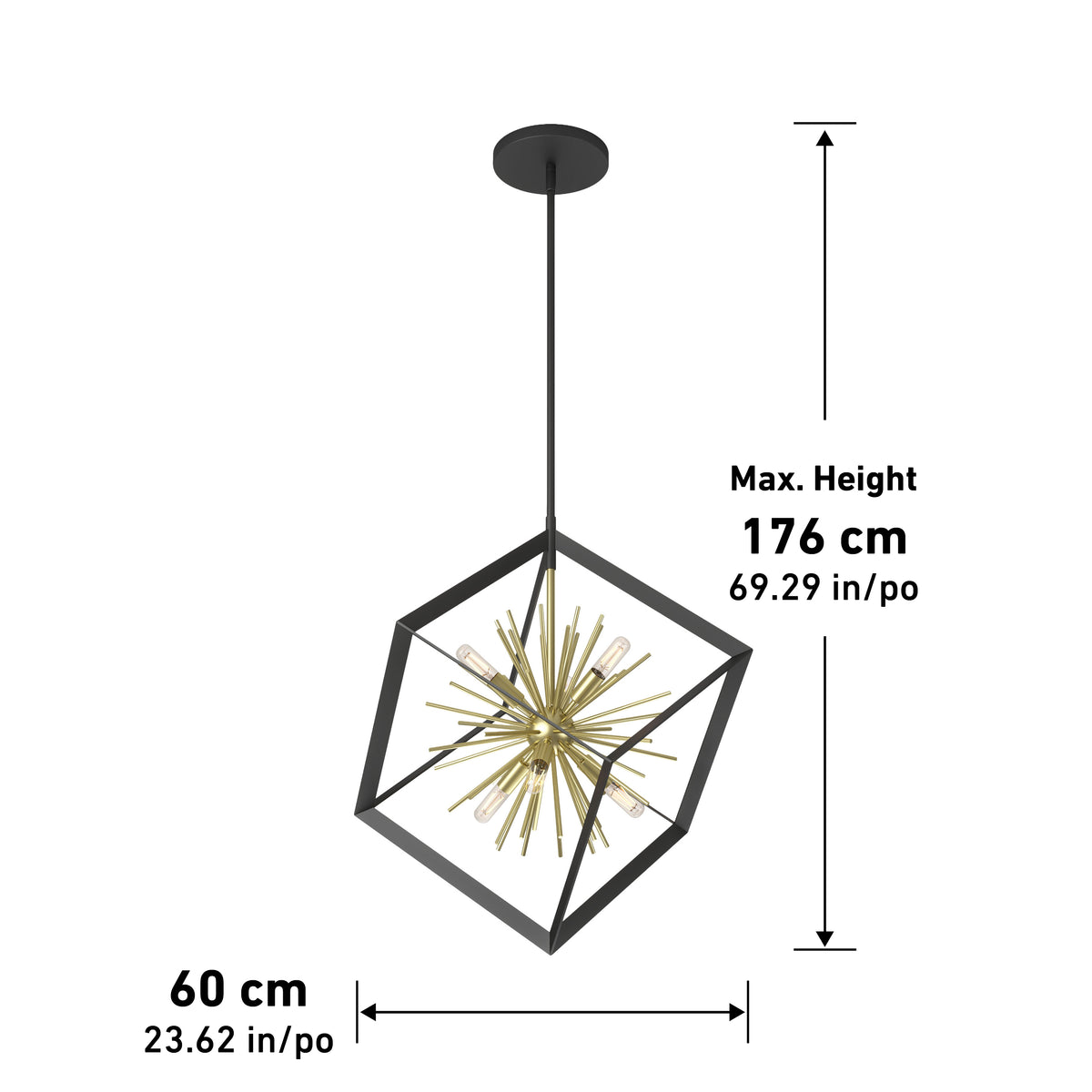 Modern pendant chandelier with a gold starburst center inside a black cube frame, suspended from a ceiling mount. Dimensions: 60 cm wide, maximum height 176 cm.