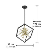 Modern pendant chandelier with a gold starburst center inside a black cube frame, suspended from a ceiling mount. Dimensions: 60 cm wide, maximum height 176 cm.