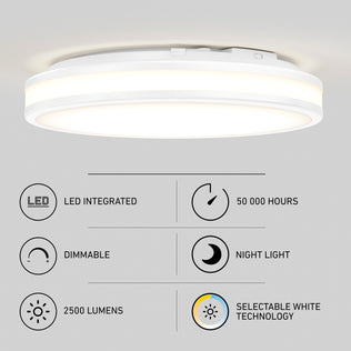 Artika Hemisphere 15″ LED ceiling light, 2500 lumens, night light, 5 CCT, 50,000 hrs—perfect for modern bathrooms.