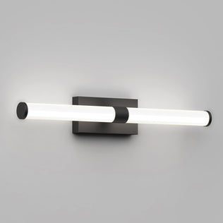 The Artika Vitoro modern LED bathroom vanity light features a horizontal cylindrical tube on a rectangular black base, emitting soft white light—ideal for contemporary home lighting.