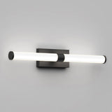 A modern wall-mounted light fixture with two horizontal cylindrical LED tubes attached to a rectangular black base, emitting a bright white glow against a light gray wall.