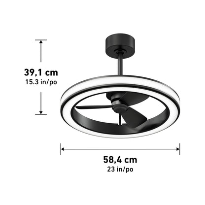 Modern ceiling fan with a circular LED light and three blades, shown with dimensions: 39.1 cm (15.3 in) tall and 58.4 cm (23 in) wide, displayed on a white background.