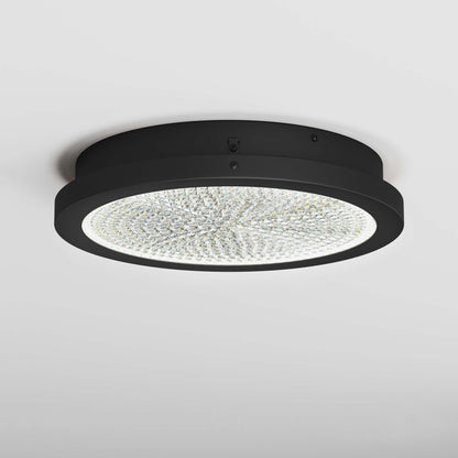 Artika Glitter 14″ LED Flush Mount ceiling light with textured illuminated glass, shown on a white ceiling.