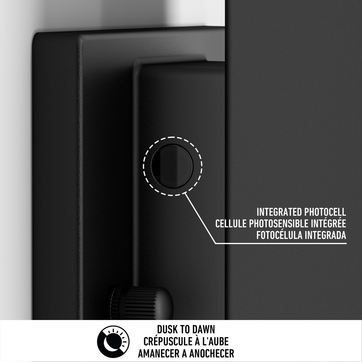 Close-up of Artika’s Linea Square LED indoor-outdoor wall light 3 CCT, featuring a circular integrated photocell sensor labeled in English, French, and Spanish. Below, “Dusk to Dawn” appears with a symbol in three languages.