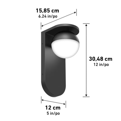The Artika Bloom indoor-outdoor LED wall light 3 CCT features a modern black design with a round white globe. Dimensions: 15.85 cm (6.24 in) high, 12 cm (5 in) wide, and 30.48 cm (12 in) tall.