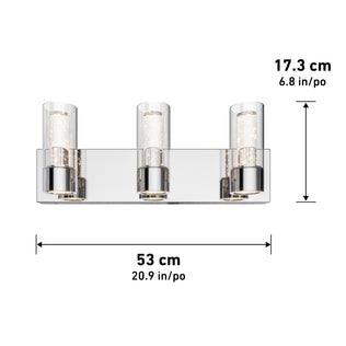 Artika Essence 3 LED vanity light with clear shades, chrome finish, 53 cm wide x 17.3 cm high—modern style.