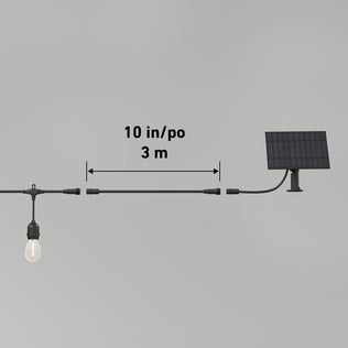 The Artika Blaze 20 LED Outdoor Solar String Lights are shown with a solar panel connected by a 10-inch (25 cm) extension cord and labeled with a 3-meter (10 feet) measurement on a plain gray background.