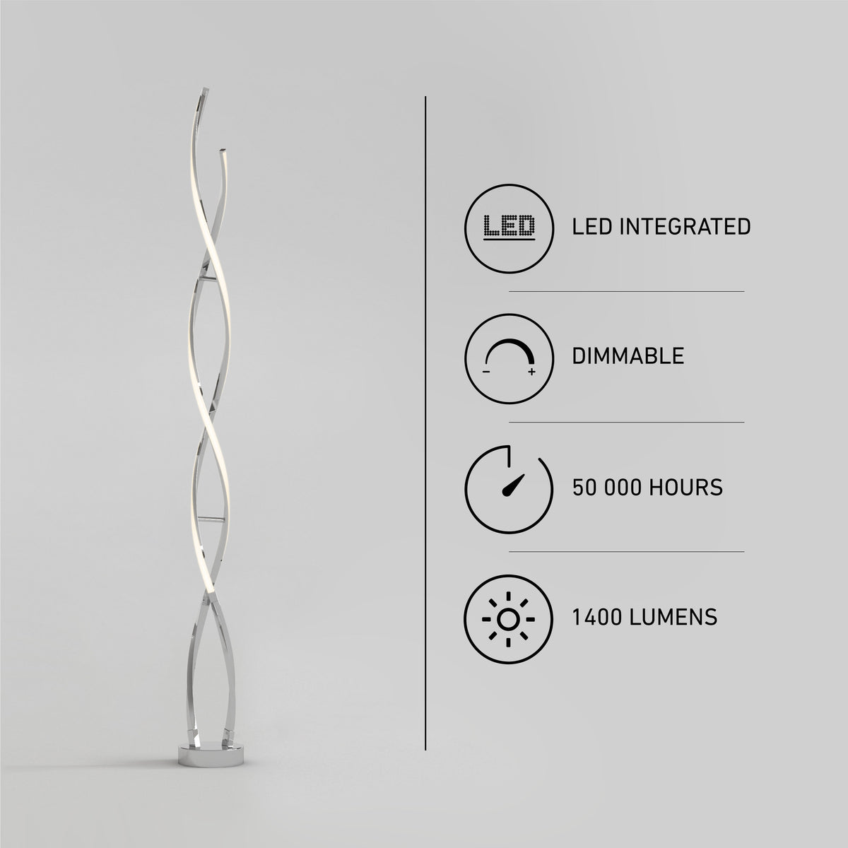 On the left, the Artika Swirl modern LED floor lamp stands stylishly. On the right, four icons display: LED integrated, dimmable, 50,000-hour lifespan, and 1400 lumens on a light grey background.
