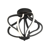 A modern ceiling light fixture with curved, intertwined black metal bands and integrated LED strips, creating an abstract, sculptural design. The fixture is mounted on a round black base.