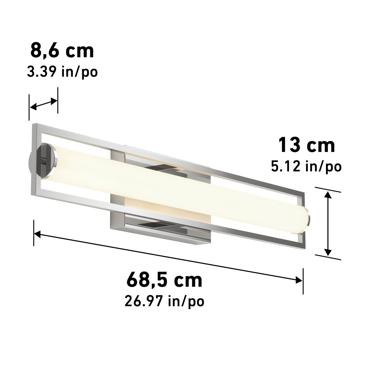 A modern wall-mounted light fixture with a rectangular frame; dimensions are 68.5 cm (26.97 in) wide, 13 cm (5.12 in) tall, and 8.6 cm (3.39 in) deep.