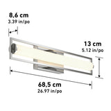 A modern wall-mounted light fixture with a rectangular frame; dimensions are 68.5 cm (26.97 in) wide, 13 cm (5.12 in) tall, and 8.6 cm (3.39 in) deep.