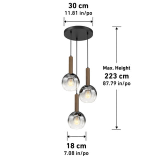 The Artika Ardel Spiral 3-Light Pendant (no bulbs) features a round black ceiling mount, wood accents, and glass globes. Size: 30 cm W x 18 cm D, adjustable max height 223 cm. Measurements provided in cm and inches.