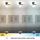 Three light settings shown in a room: warm white (2700K), neutral white (3500K), and cool white (4500K), each illuminating framed geometric art on the wall under a modern ceiling light fixture.