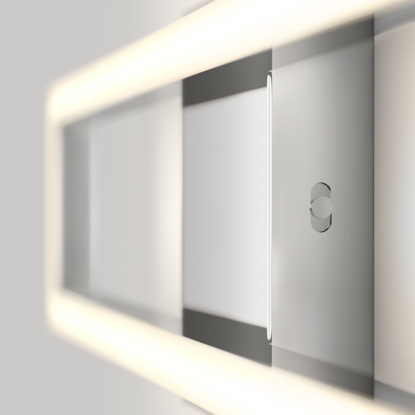 Close-up of the Artika-CAN-dev Dover modern LED bathroom vanity light 5 CCT, featuring a sleek rectangular design with softly glowing LED edges and a central circular touch button for a minimalistic, contemporary look.