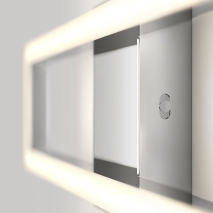 Close-up of the Artika-CAN-dev Dover modern LED bathroom vanity light 5 CCT, featuring a sleek rectangular design with softly glowing LED edges and a central circular touch button for a minimalistic, contemporary look.