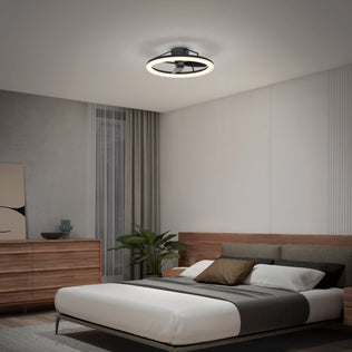 Modern bedroom with wood furniture, large bed, potted plant, and Artika Darren 23 in. LED fandelier ceiling fan with remote.