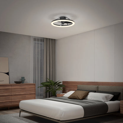 A modern bedroom features the Artika Darren 23 in. LED modern ceiling fan with remote, a wooden bed, gray and white bedding, wooden dresser, potted plant, neutral tones, and floor-to-ceiling curtains.