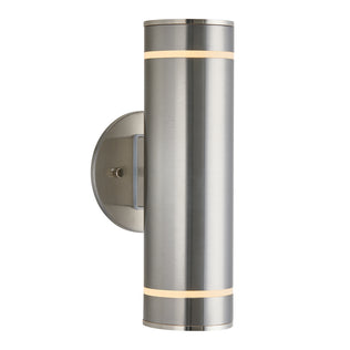 The Artika C7 indoor-outdoor wall light features a modern brushed metal cylinder design with a round backplate and dual thin light bands at the top and bottom, perfect for both indoor and outdoor spaces.