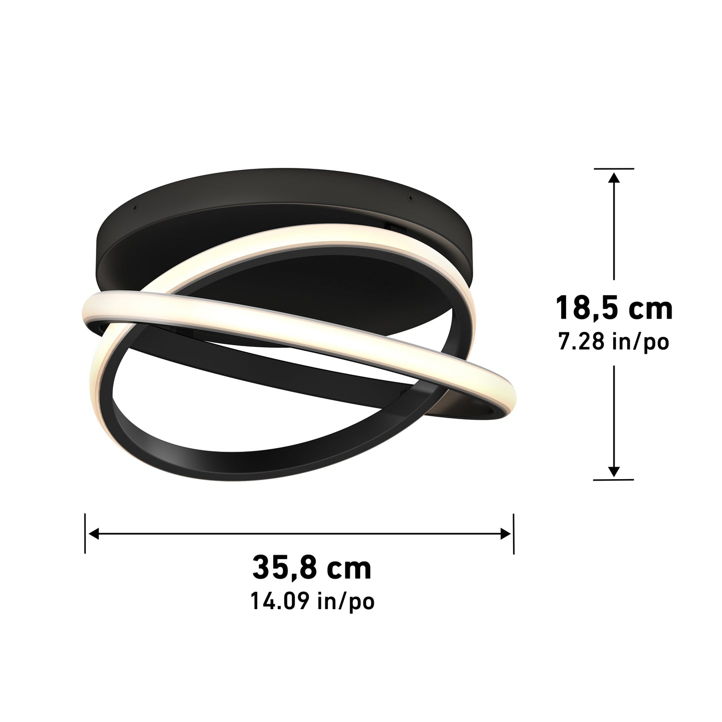 Artika Orbia modern LED flush mount light features two intertwined rings in black, measures 35.8 cm (14.09 in) wide by 18.5 cm (7.28 in) high, and offers 3 selectable color temperatures (CCT).
