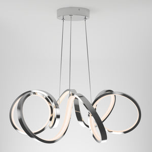 The Artika Swirl Ribbon LED pendant light features intertwined chrome and white bands with integrated LEDs, suspended by three cords for a modern sculptural look.