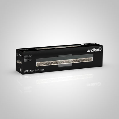A black rectangular box displays the Artika brand and Bubble Bar LED bathroom vanity light, featuring a modern fixture with a sparkling, bubble-like interior design.