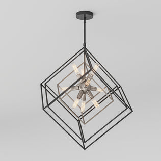 Artika Imperium 9-light chandelier: geometric pendant with exposed bulbs in intersecting cubes, chic black ceiling mount.