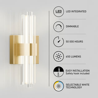 Artika Dorado contemporary LED wall sconce 3 CCT in gold with glass tubes, featuring 50,000-hour life, 650 lumens, and adjustable white settings.