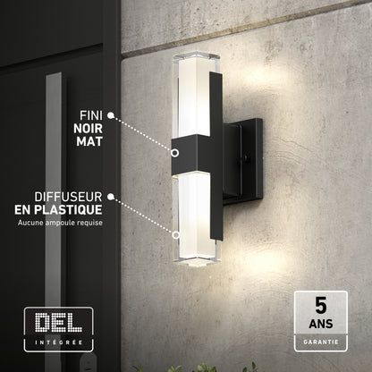 Artika Gemini indoor-outdoor LED wall light: rectangular black fixture with clear illuminated panels, integrated technology, and warranty icon.