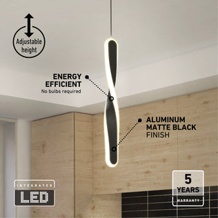 The Finley modern LED pendant light by Artika, in matte black aluminum, features a twisting design, adjustable height, 5 CCT settings, energy efficiency (no bulbs needed), a soft glow, and comes with a 5-year warranty—perfect for kitchens.