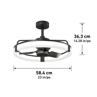 Artika Sunnyvale 23 in. (58 cm) LED modern fandelier ceiling fan with remote, shown with measurements in cm and inches.