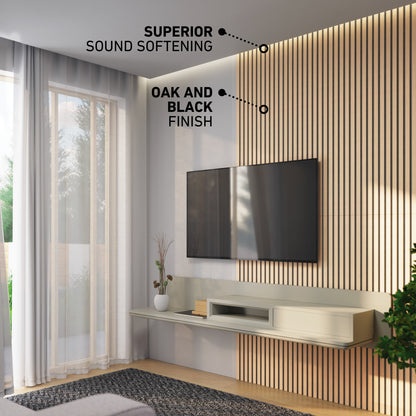 A modern living room features a wall-mounted TV on Artika’s Sonofold sound-absorbing wall panel kit (pack of 2) for superior sound softening. Below is a floating shelf in oak and black finish, next to a large window with sheer curtains.