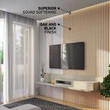 Modern living room with a TV mounted on a wall featuring vertical wood panels. Text points to “SUPERIOR SOUND SOFTENING” and “OAK AND BLACK FINISH.” Large window with sheer curtains and floating shelf with decor visible.