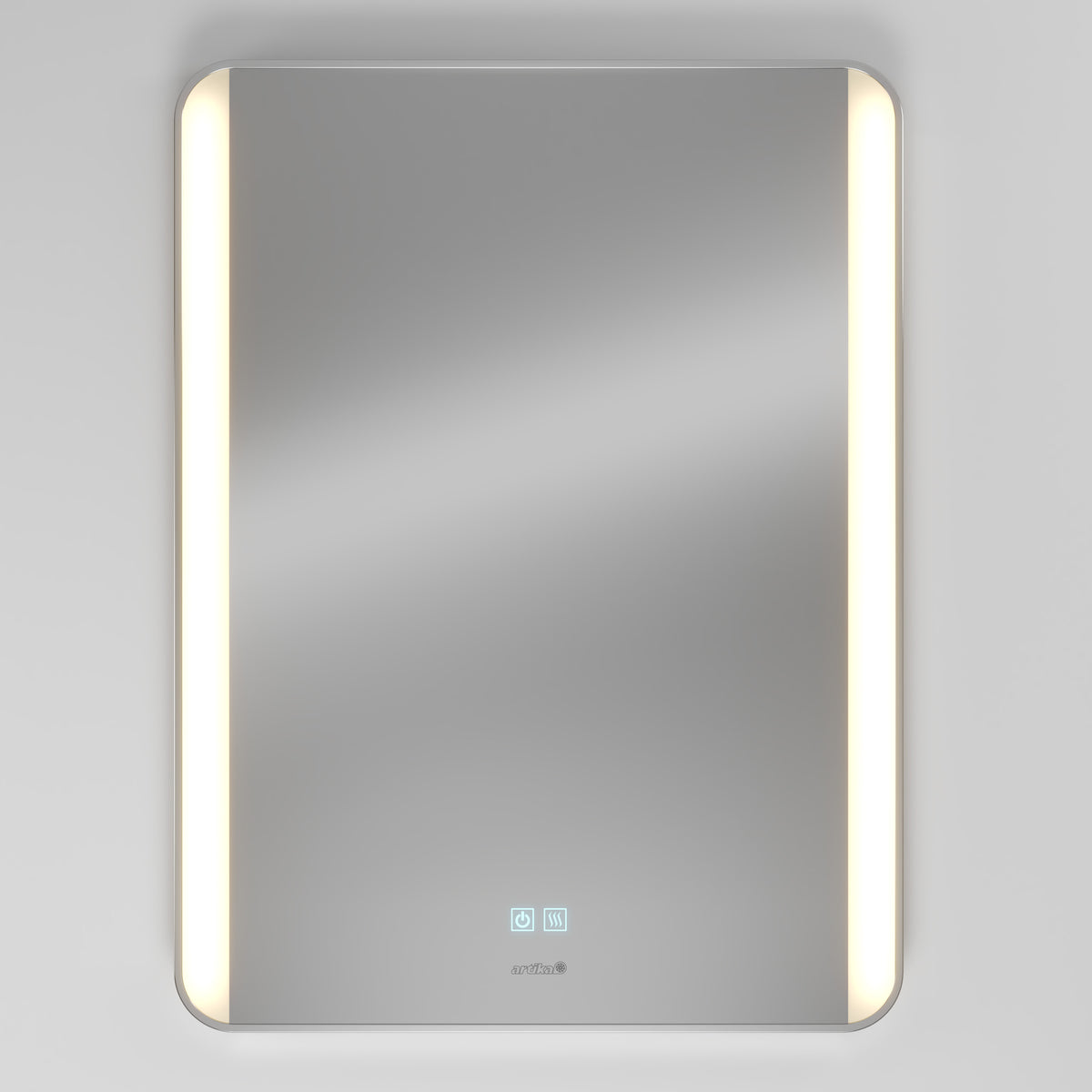 The Artika Onyx dimmable LED mirror 3 CCT is a rectangular wall-mounted mirror with rounded corners, vertical LED strips on both sides, and touch control icons at the bottom center, displayed against a light-colored wall.