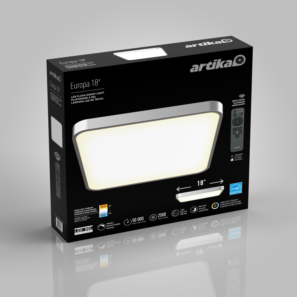 A black box packaging for the Artika Europa 18 LED flush mount light, showing an image of the light, remote control, key features, and lighting specs such as 50,000-hour lifespan and 2,900 lumens.