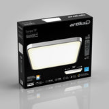 A black box packaging for the Artika Europa 18 LED flush mount light, showing an image of the light, remote control, key features, and lighting specs such as 50,000-hour lifespan and 2,900 lumens.