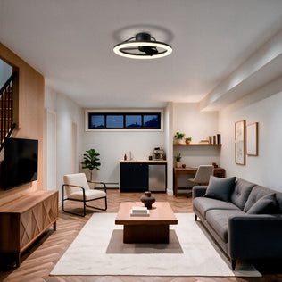 A Darren 23 in. (58 cm) LED modern fandelier ceiling fan with light, a modern circular fixture mounted on a living room ceiling.