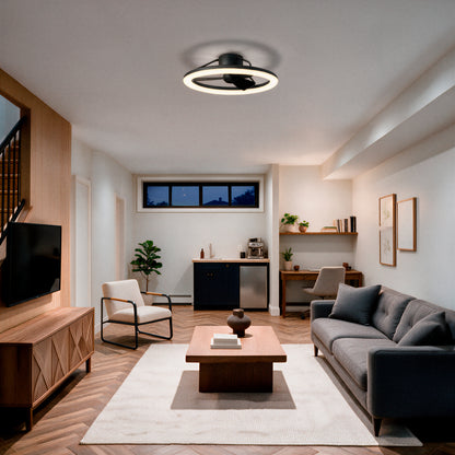 A Darren 23 in. (58 cm) LED modern fandelier ceiling fan with light, a modern circular fixture mounted on a living room ceiling.