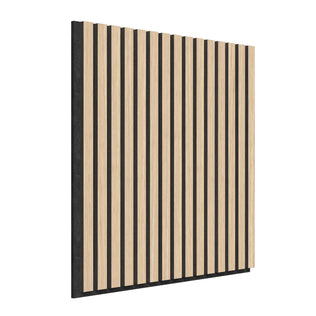 The Artika Sonolok 15.5 ft sound-absorbing wall panel kit features modern, minimalistic vertical light oak slats evenly spaced over a dark background, shown at an angle from the left side.