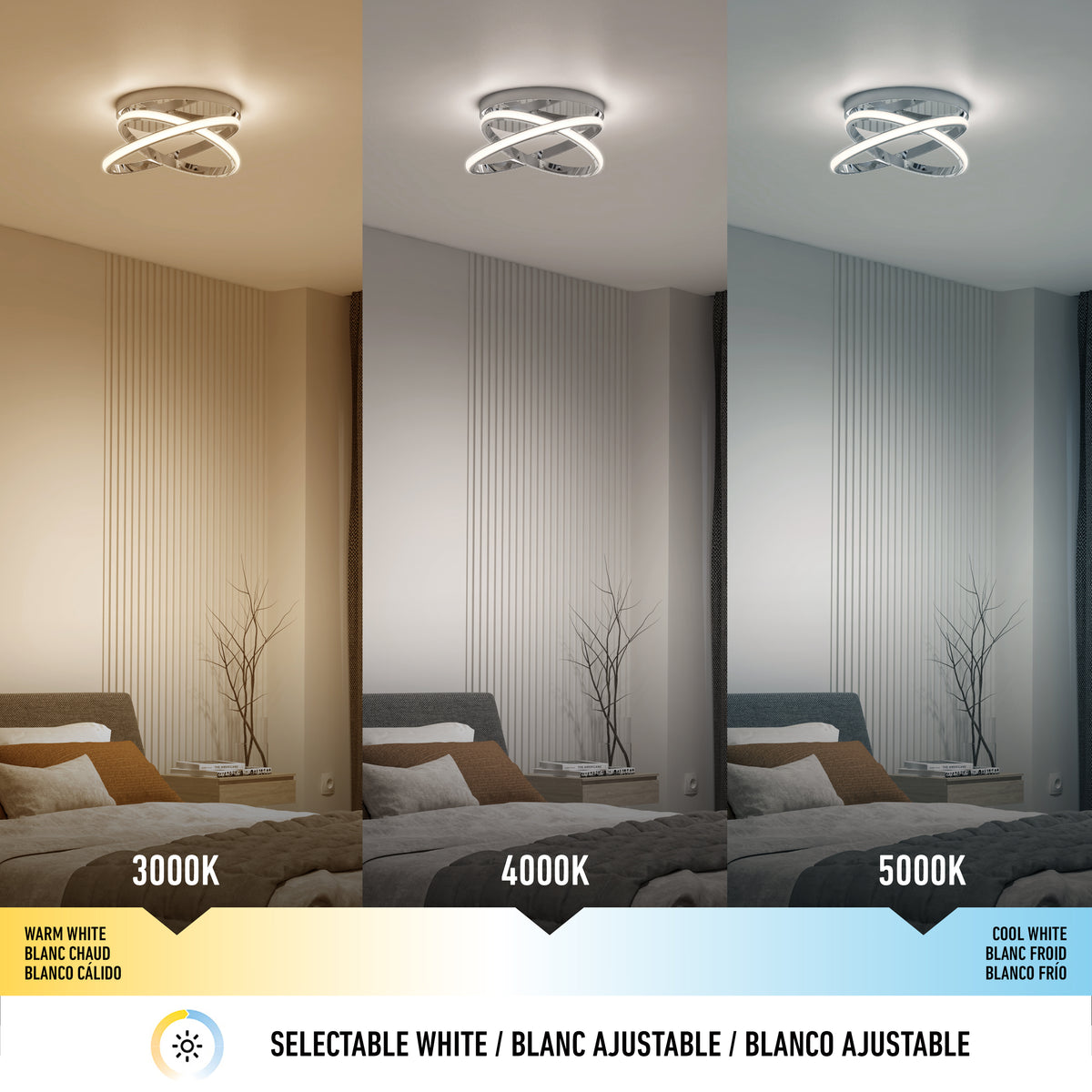 A modern bedroom with a circular ceiling light shows three lighting modes: warm white (3000K), neutral white (4000K), and cool white (5000K). Each mode creates a different ambiance in the same room.